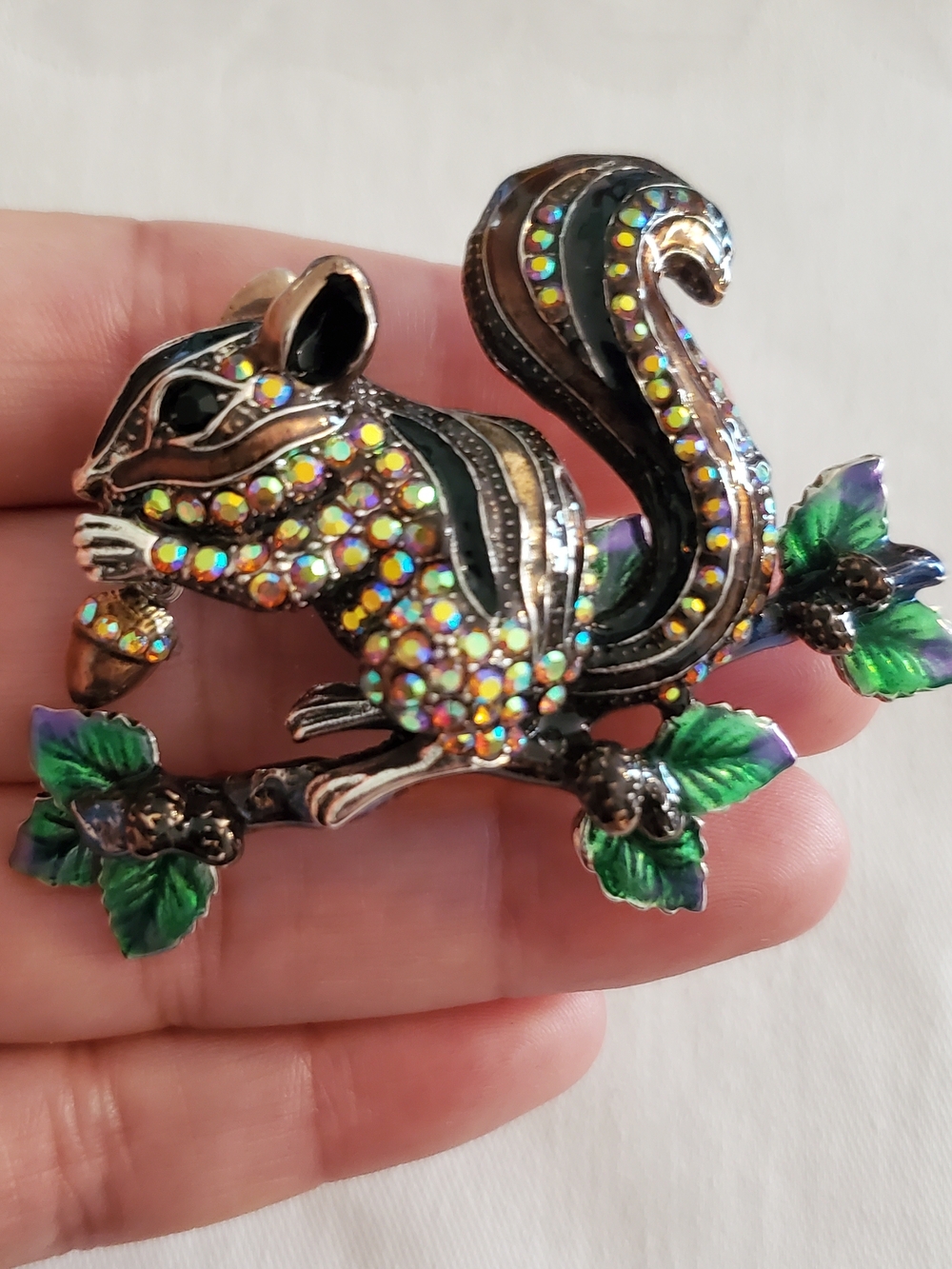 Kirks Folly Crystal-Embellished Squirrel Brooch with Enamel Leaves
